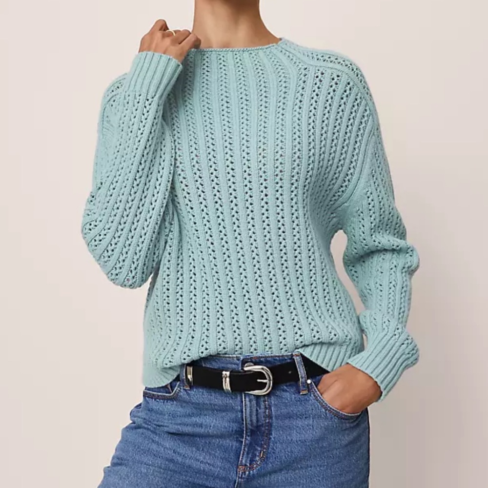 Turquoise Pointelle Mock Neck Sweater Long Sleeve Ann Taylor Crochet Cotton